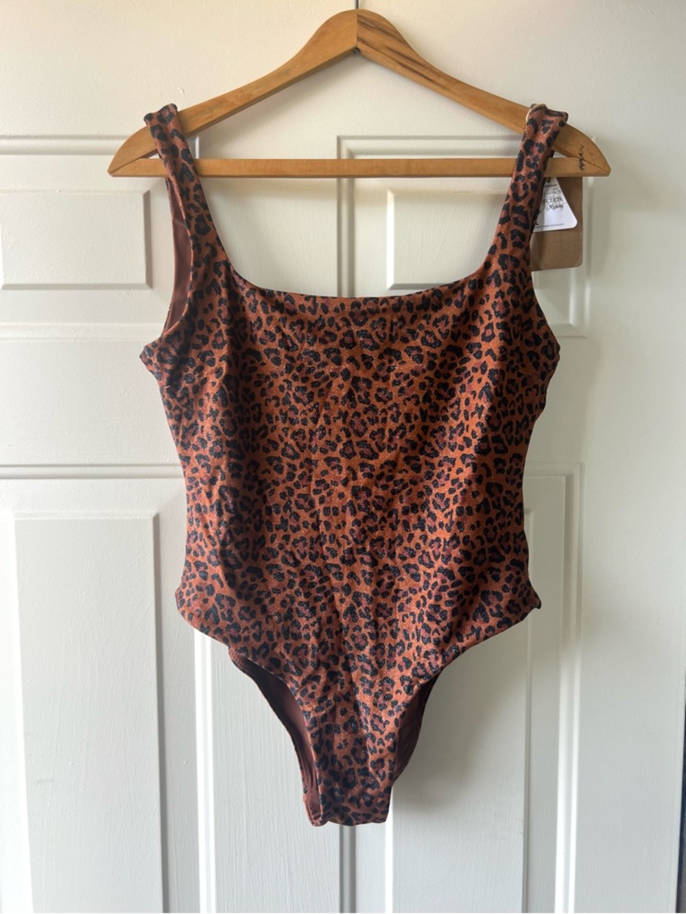 Berlook Leopard Print Square Neck One Piece Swimsuit Dark Coffee Medium NWT